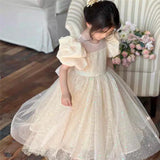 MQTIME  -  Girls Princess Long Dress Fashion Bow Sequin Puff Sleeve Tutu High End Formal Party Gown Ball New Style Children Evening Dress
