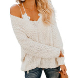 MQTIME  -  Women Fashion Pullovers V Neck Full Sleeve Loose Fit Jumpers Solid Color White Knitwear Soft Velvet Sweaters