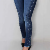 MQTIME  -  Fashion Jeans Pants Woman High Waist Slim Skinny Elastic Denim Trousers Femme Vintage Leisure Blue Beading Women Pencil Jeans