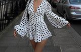 MQTIME  -  Fashionable Temperament V-neck Polka Dot Button Lantern Sleeve Cinched Waist Dress 2025 New Style