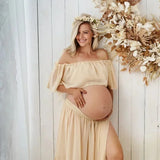 MQTIME  -  Maternity Dress For Photoshoot Pregnancy Off Shoulder Ruffled Semi Transparent Chiffon Long Dress Photography Dress For Women
