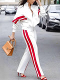 MQTIME  -  Female Fashion Casual Contrast Color Striped Printed Straight Leg Pants & Long Sleeves Zipper Stand Collar Jackets