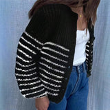  MQTIME  -  Autumn New Color Blocked Striped Cardigan Sweater Women's Round Neck Jacket