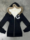  MQTIME  -  Vintage Y2k Gothic Hoodie Women Winter Aesthetic Letter Fur Collar Zipper Sweatshirt 2000s Streetwear Fashion Slim Jacket New