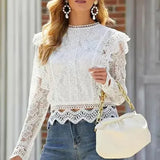 MQTIME  -  New Women's Sexy Hollow Out Long Sleeve Lace Shirt Top Temperament Commuting Female Fashion Elegant Translucent Blouses