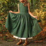 MQTIME  -  Vintage Cotton Linen Girls Sleeveless Dress Chic Open Back Buttons Bandage Bow Sweet Loose Wending Evening Party Dresses