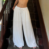  MQTIME  -  Women's White Loose Wide Leg Pants Drawstring Elastic Waist Tie - Ankle Cuffs Flowy Summer Beach Pants Casual Lounge Sheer Pants