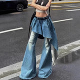 MQTIME  -  Blue fake two-piece jeans female autumn and winter 2024 new retro niche design sense irregular skirt flared pants wide-leg pants