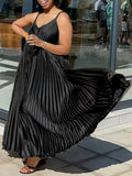 MQTIME  -  Summer High Waist V Neck Casual Sleeveless Dress Pleated Spaghetti Strap Dresses New Relaxed Sexy Maxi Beach Women Dress