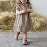 MQTIME  -  Summer Cotton Linen Ruffled Crew Neck Girls Dress New Casual Loose Ruched Back Wooden Buttons Short Sleeve Linen Dresses