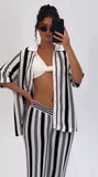 MQTIME  -  Knitted Striped Cardigans Pants Sets Women 2 Pieces Short Sleeve Single Breasted Loose Coat Wide Leg Trousers Suits Hollow Out