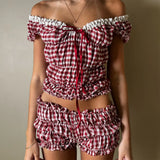 MQTIME  -  Women Summer y2k Coquette 2 Piece Set Outfits Plaid Print V Neck Short Sleeve Crop Tops Ruffles Shorts Fairycore Clothes