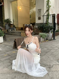  MQTIME  -  Bowknot-tied Lace Camisole with Net Yarn Patchwork and a Body-hugging Half Long Skirt
