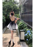 MQTIME   -  Summer Women Elegant Black Gradient A-line Tutu Party Dress Off Shoulder Patchwork Birthday Party Dress Backless Prom Dress