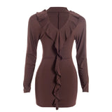  MQTIME  -  Autumn and Winter Hot Selling New V-neck Long Sleeved Solid Color Slim Fit Ruffle Edge Design Dress for Women