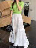 MQTIME  -  Large Swing Pleated Long Skirts For Women Korean Irregular A Line Skirt 2025 New Autumn Spring Elastic Waist Solid Loose Skirts