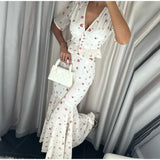  MQTIME  -  Chiffon Printed Ruffle Skirts Sets Women V-neck Short Puff Sleeve Button Cropped Shirt Slim Mermaid Skirt Summer Party Suit