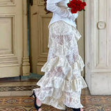  MQTIME  -  French vacation style lace patchwork slim and figure-flattering versatile tiered half skirt