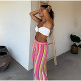 MQTIME  -  Rainbow Color Knitted Striped Pants Women Wide Leg Hollow Out Striped Loose Trousers 2025 Autumn Fashion Vacation Street Pants