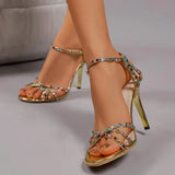 MQTIME  -  Luxury Colorful Rhinestone Cross Strap Sandals Women Summer Sexy Gold Super High Heel Narrow Band Sandals Party Shoes Mujer