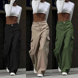  MQTIME  -  Autumn Women's Elastic Waist Low Waist Wide Leg Cargo Trousers Straight Khaki Long Casual Pants Female Fashion Streetwear Capris