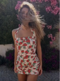 MQTIME  -  Women Fashion Printed Halter Dress Sexy Sleeveless Backless Pleated Bodycon Mini Dresses Summer Lady Beach Vacation Gown