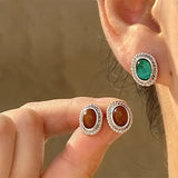 Mqtime Vintage Green Brown Crystal Oval Stud Earrings for Women  Autumn Winter Retro Court Style Metal Geometric Earrings Jewelry