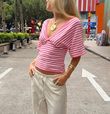 MQTIME  -  Striped V Neck Short Sleeve Top Women Elegant Wrap Front Slim Fit Casual Tee Summer New Lady Chic Commute Street Outerwear