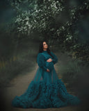 MQTIME  -  Lake Green Maternity Dresses for Photo Shoot Robe Puffy Mesh Tulle Kimono Pregnant Full Sleeves Custom Made Prom Dress With Belt