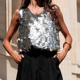 MQTIME  -  Summer Elegant O-neck Hight Street Loose Blouse Women's Casual Solid Color Shirt Fashion Shiny Sequins Sleeveless Pullover Tops