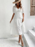 MQTIME  -  New Lace White Dress V Neck Button Up Midi Length Elegant Dress Hollow Out High Waist Party Vestidos Summer Dresses