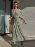 MQTIME  -  Pleated Elegant Summer Long Dress Women Batwing Sleeve Deep V-neck High Waist Street Thin Dresses Vacation 2025 New Slim Robe