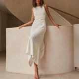 MQTIME  -  Fashion O Neck Sleeveless Women's Knitted Dress Crochet Hollow Summer Beach Long Dress Bikini Cover Up Holiday Solid Color Dress