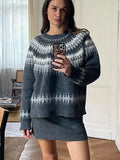 MQTIME  -  Retro Knitted Printed Gray Sweaters Women Casual Loose O-neck Long Sleeve Fair Isle Sweater Female Classic Fashion Versatile Top