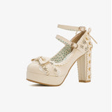 MQTIME  -  Summer Ladies 2.5 Platform Cute Bow Lace Princess Lolita Shoes Party 10cm High Heel Buckle Big size 43
