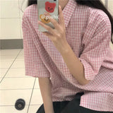 MQTIME   -  women summer casual plaid short sleeve blouse female oversize Japanese sweet botton shirts lady