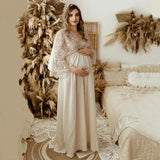  MQTIME  -  Boho Cotton Maternity Photo Shoot Dress Beige Bohemian Lace Stiches Cotton Pregnant Woman Photography Long Dresses