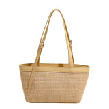  MQTIME  -  Women's Khaki Straw Weave Leather Patchwork Tote Bag Vacation Casual Aesthetic Beach Daily Shoulder Handbag Summer Trend