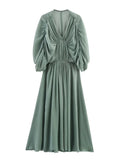 MQTIME  -  Pleated Elegant Summer Long Dress Women Batwing Sleeve Deep V-neck High Waist Street Thin Dresses Vacation 2025 New Slim Robe