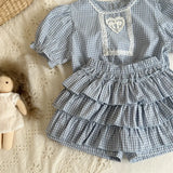 MQTIME  -  New Summer Toddlers Kids Plaid Sets Lace Puff Sleeve Tops Layered Shorts 2pcs Baby Girls Cute Outfits