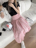 Mqtime Pink Plaid Pleated Skirts Women Summer Sweet A-line Fashin Skirts Female High Waist Zipper Loose Long Skirts New Streetwear