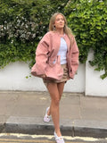 MQTIME  -  Pink Stand Collar Suede Bomber Jacket Women's Long Sleeve Pocket Zipper Coats 2025 Autumn New Lady Casual Motorcycle Outerwear