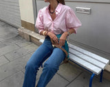  MQTIME  -  Commuting Versatile Solid Color Single Breasted Lapel Balloon Sleeve Shirt Top Women's Summer New