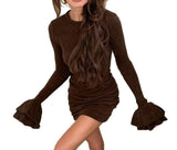 MQTIME  -  Autumn and Winter New Flared Sleeve Round Neck Slim Fit Dress for Women Knitted Brushed Warm and Fashionable