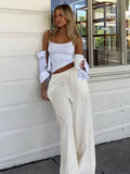 MQTIME  -   Casual Basic White Pants Women Baggy Low Waist Straight Trousers Solid Color Thin Wide Leg Pantalones Ladies Summer