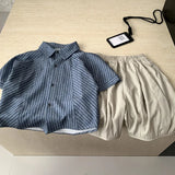 MQTIME  -  Boys' Suit Spring and Summer New Childrens Wear Korean Boy Baby Striped Short-sleeved Lapel Shirt Loose Shorts Two Sets