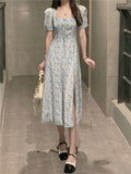 MQTIME  -  Women's Blue Floral Puff Sleeve Midi Dress Sweetheart Tie Front Split Dress