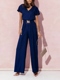 MQTIME  -  Women's S-2XL size Spring Summer Women's Fashion V-neck Short Sleeve Jumpsuit Ladies  Casual Belt Solid Color Jumpsuit