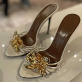 MQTIME  -  Metal Flower Cool Slippers Women's  New French Thin Strap Open Toe Empty Stiletto Sandals