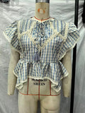 MQTIME  -  Fashion Lace Patchwork Plaid Shirt for Women Elegant O Neck Fly Sleeve Female Top Summer New Lady Single Breasted Shirts